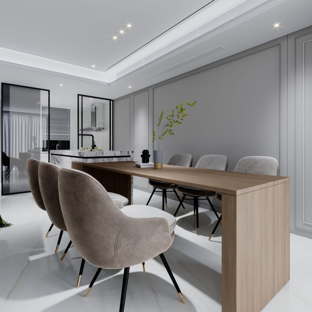 Dining table in contemporary style with wooden angular top and six chairs. 3D rendering.